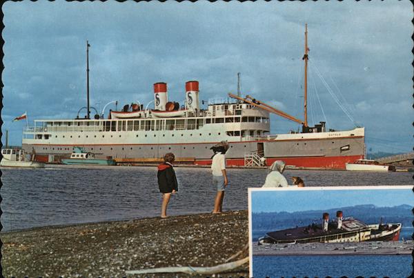 Postcard of Catala in her heyday as an Ocean Shores "boatel." Inset photo of the wreck.