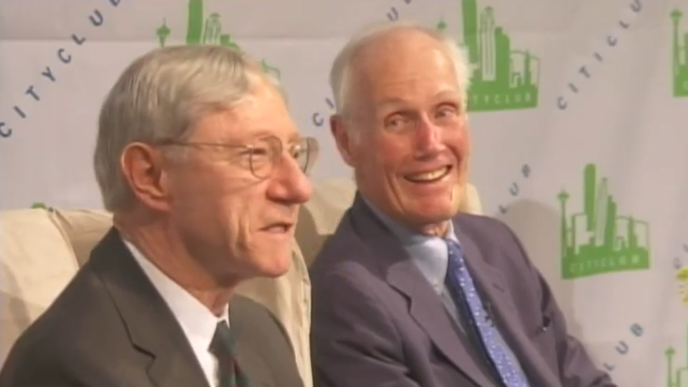 John Hughes and Slade Gorton at a Seattle City Club forum for C-SPAN in 2012.