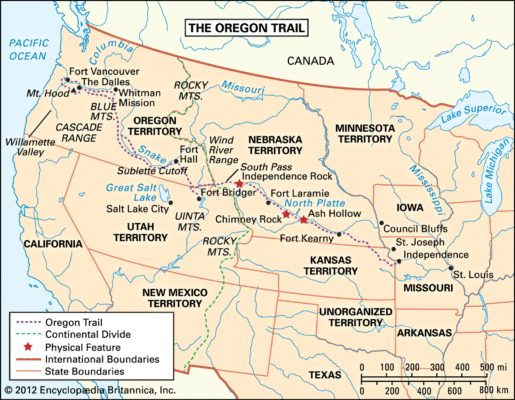 Oregon Trail map showing the Whitman Mission.